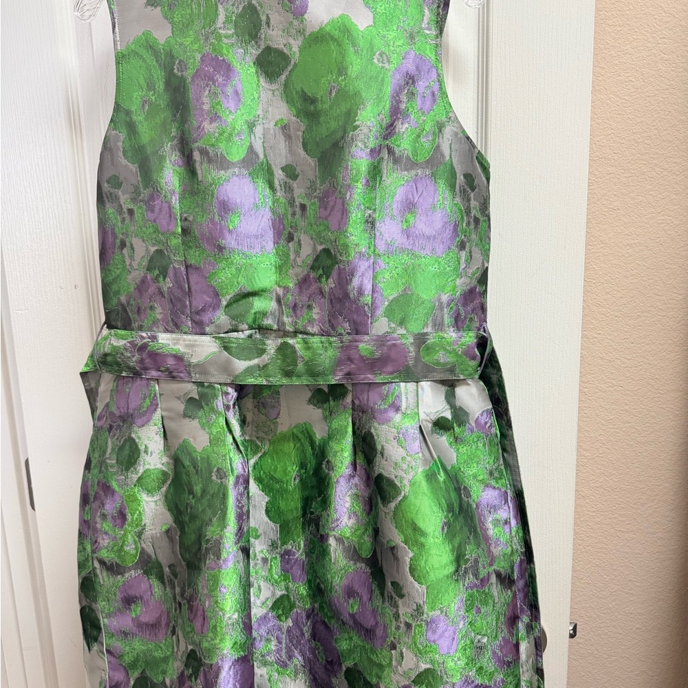 Green and Purple Floral Sleeveless Jaquard Dress - Picture 6 of 12
